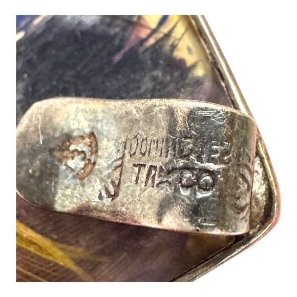 1970 Signed Dominguez Mexican Taxco Sterling Inlaid Feather Resin Brooch Pendant - Picture 3 of 6